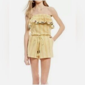 Anthropologie L Kopali Yellow Pink Mustard Striped Strapless Shorts Jumpsuit